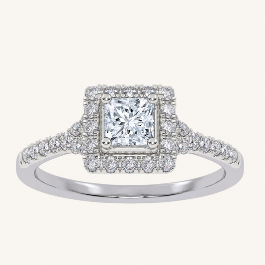 0.50 CT Princess Cut Lab Grown Diamond Halo Side Stone Ring