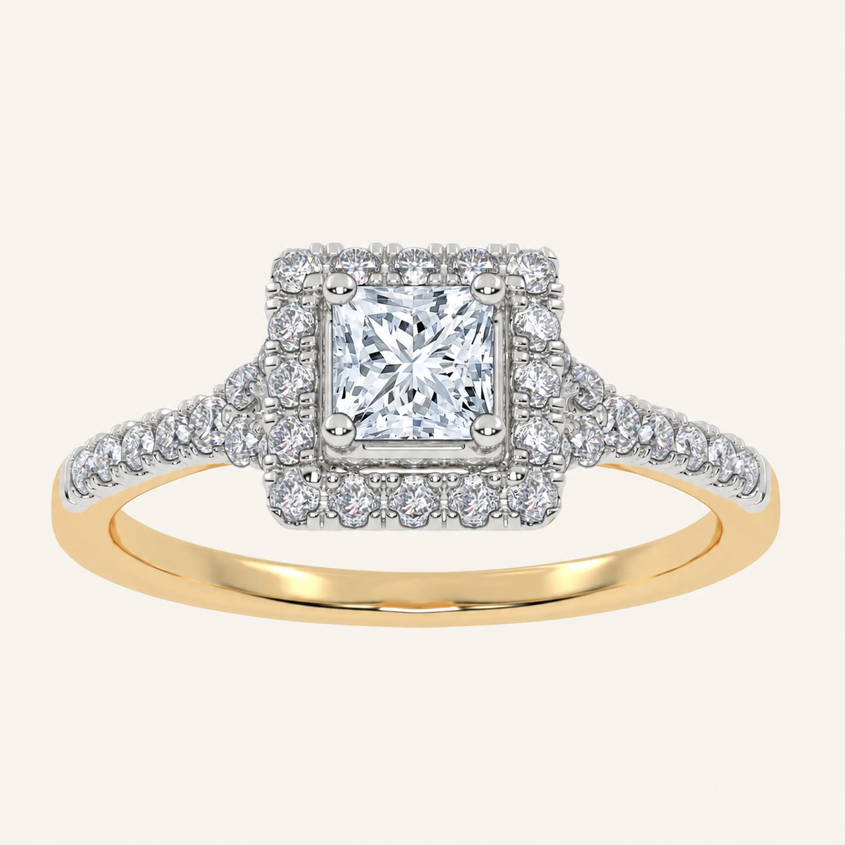 0.50 CT Princess Cut Lab Grown Diamond Halo Side Stone Ring