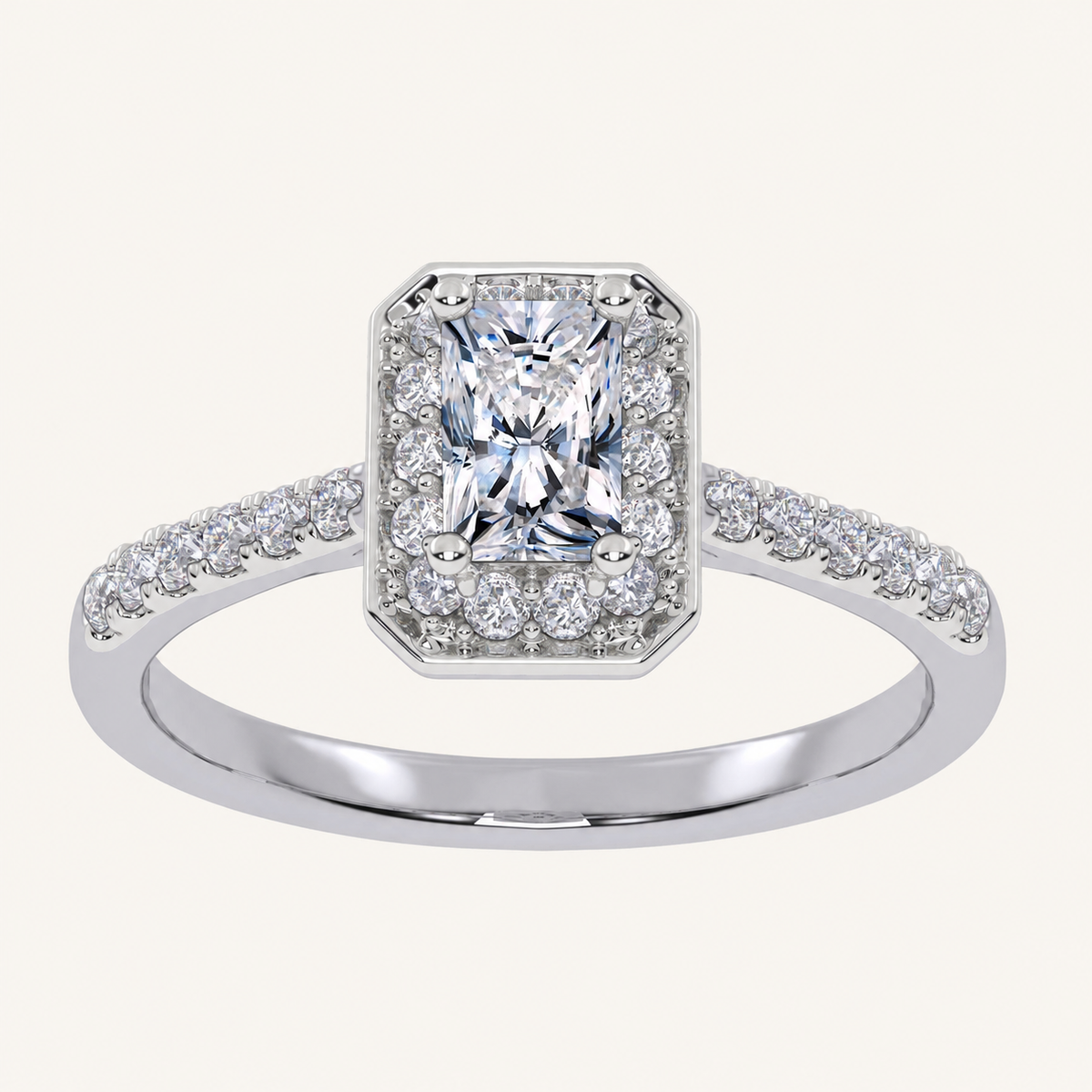 0.51CT Radiant Cut Lab Grown Diamond Halo Side Stone Ring