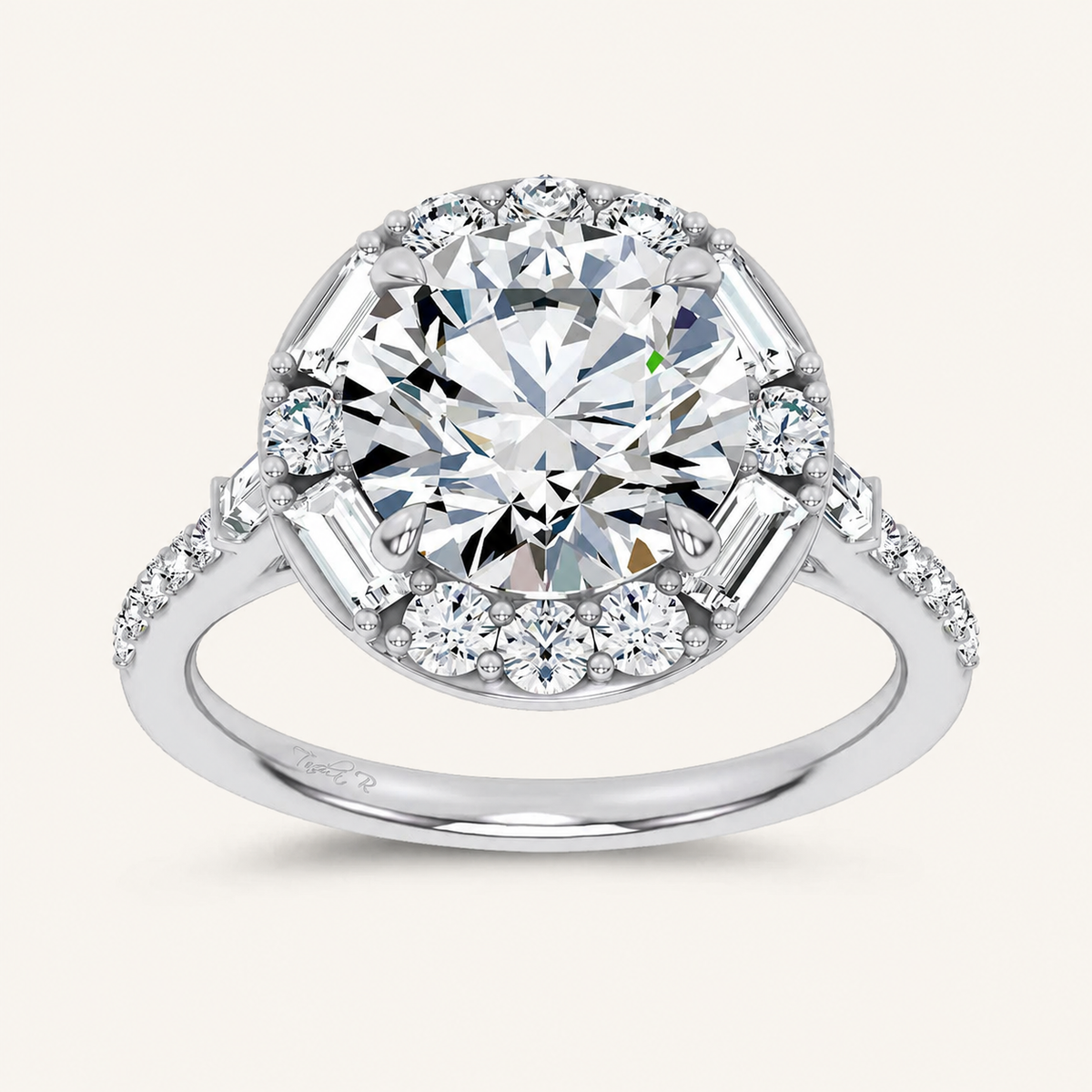 3.63CT Round Cut Certified Lab Grown Diamond Halo Side Stone Ring
