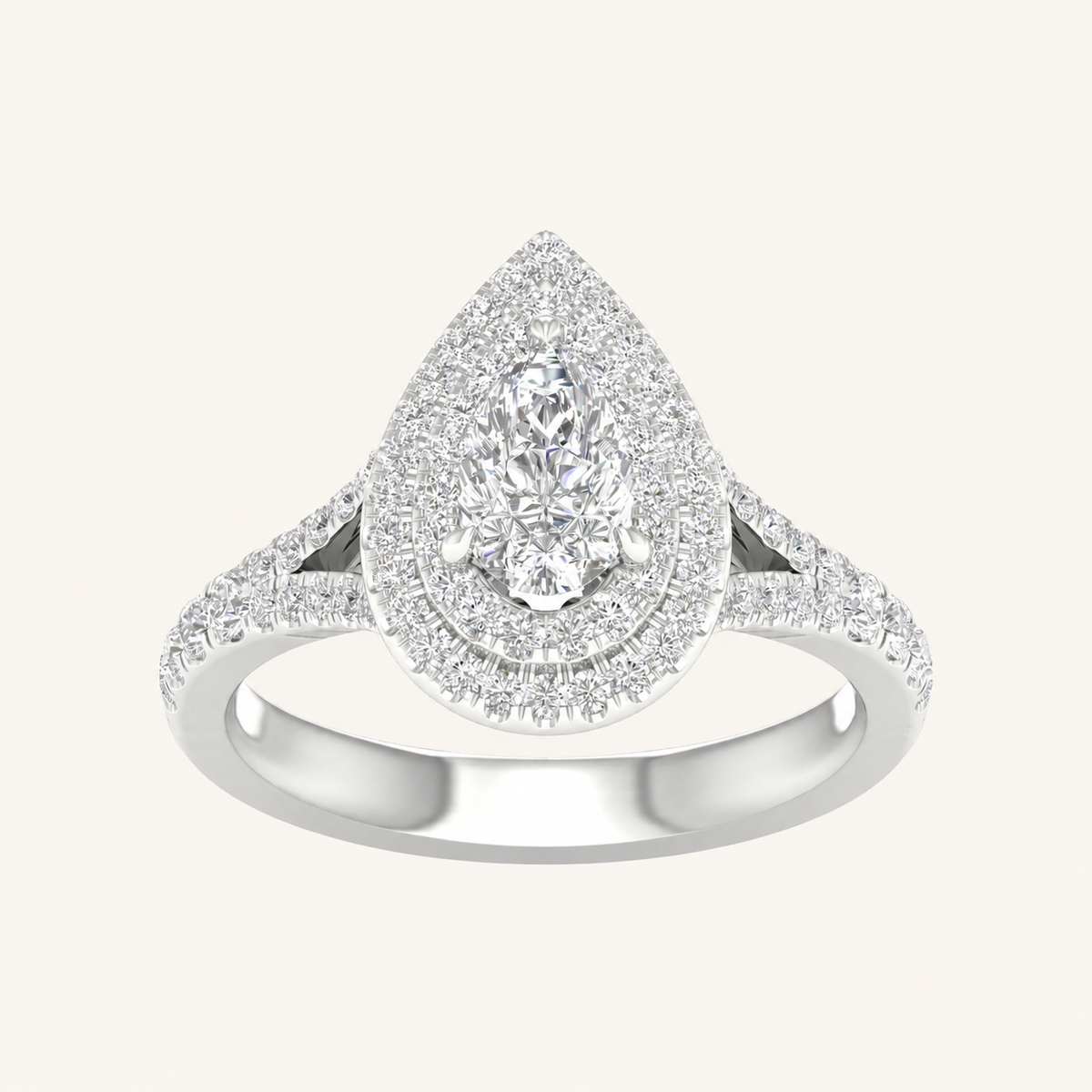1.25CT Pear Cut Lab Grown Diamond Double Halo Side Stone Ring