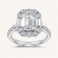 3.87CT Emerald Cut Certified Lab Grown Diamond Halo Side Stone Ring