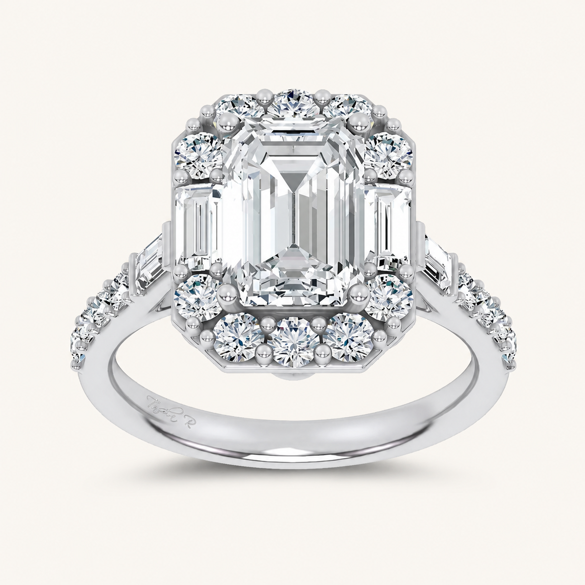 3.87CT Emerald Cut Certified Lab Grown Diamond Halo Side Stone Ring