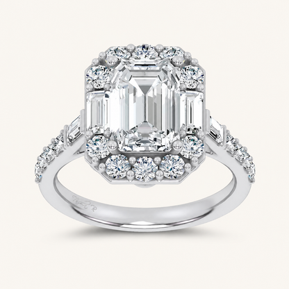 3.87CT Emerald Cut Certified Lab Grown Diamond Halo Side Stone Ring