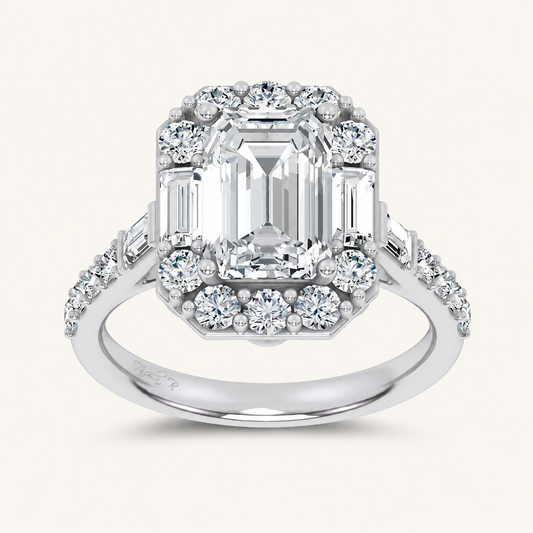 3.87CT Emerald Cut Certified Lab Grown Diamond Halo Side Stone Ring