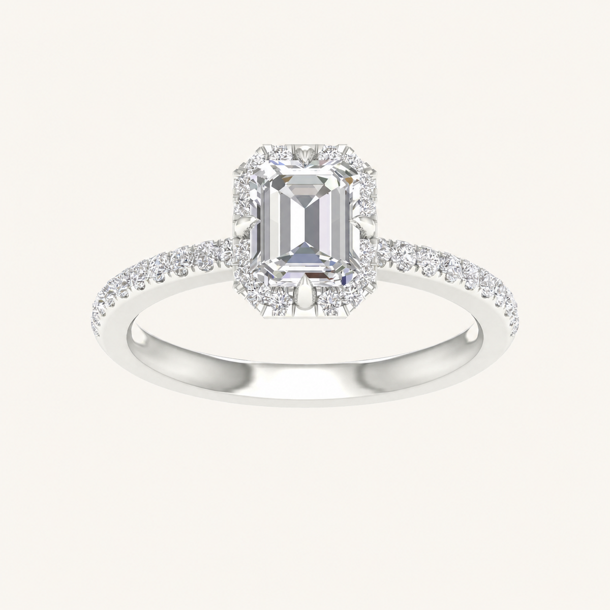 1.25CT Emerald Cut Lab Grown Diamond Halo Side Stone Ring