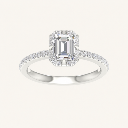 1.25CT Emerald Cut Lab Grown Diamond Halo Side Stone Ring