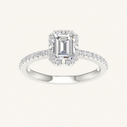 1.25CT Emerald Cut Lab Grown Diamond Halo Side Stone Ring