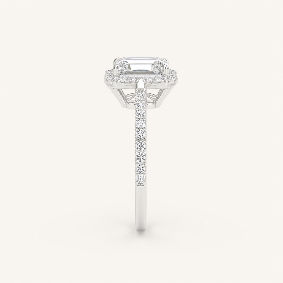1.25CT Emerald Cut Lab Grown Diamond Halo Side Stone Ring