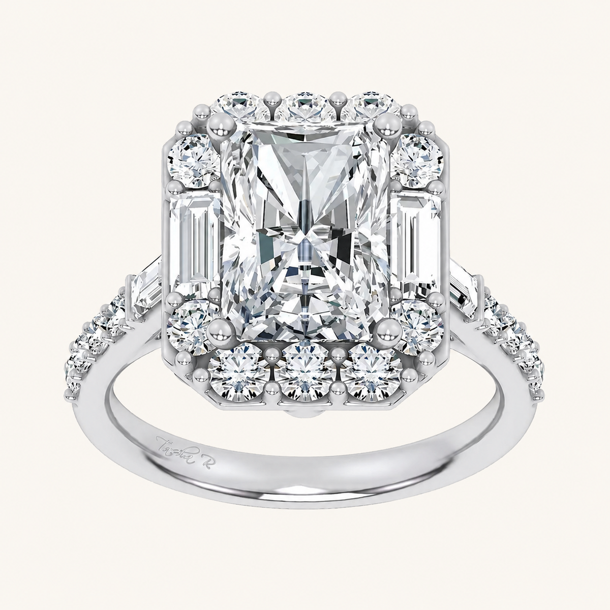 4.20CT Emerald Cut Certified Lab Grown Diamond Halo Side Stone Ring