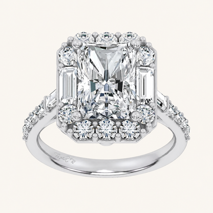 4.20CT Emerald Cut Certified Lab Grown Diamond Halo Side Stone Ring