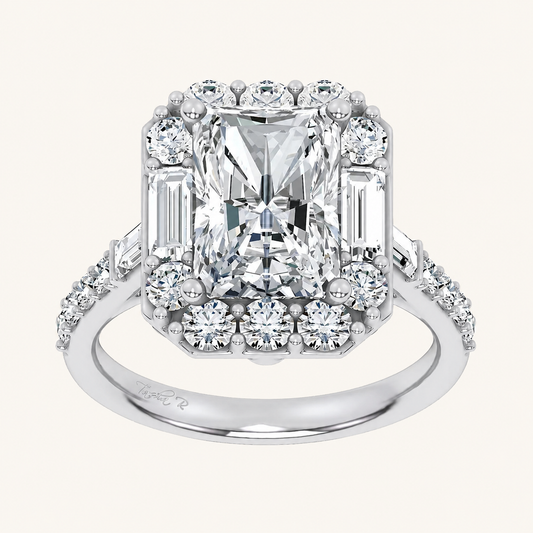 4.20CT Emerald Cut Certified Lab Grown Diamond Halo Side Stone Ring
