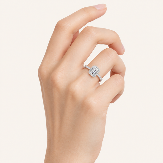 1.25CT Emerald Cut Lab Grown Diamond Halo Side Stone Ring