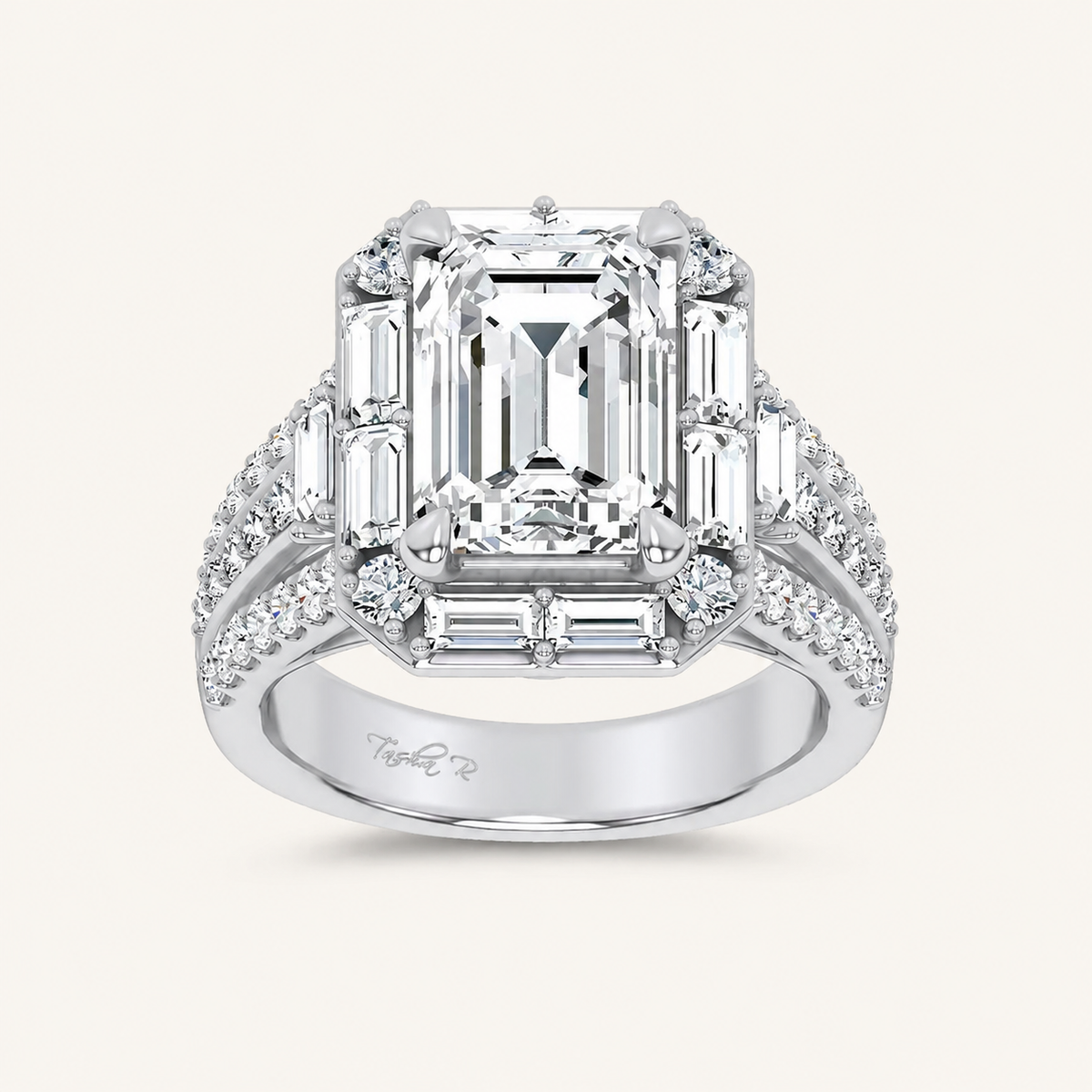 6.4CT Emerald Cut Certified Lab Grown Diamond Halo Side Stone Ring