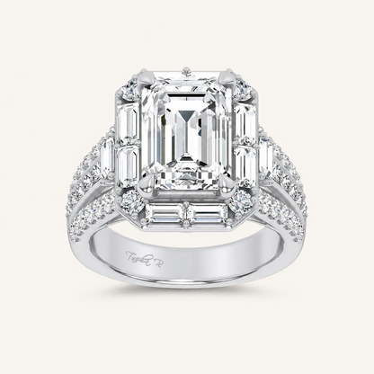 6.4CT Emerald Cut Certified Lab Grown Diamond Halo Side Stone Ring