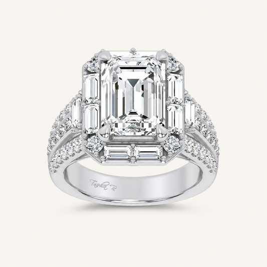 6.4CT Emerald Cut Certified Lab Grown Diamond Halo Side Stone Ring