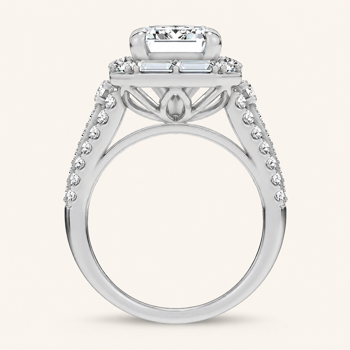 6.4CT Emerald Cut Certified Lab Grown Diamond Halo Side Stone Ring