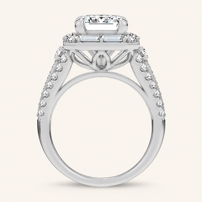 6.4CT Emerald Cut Certified Lab Grown Diamond Halo Side Stone Ring