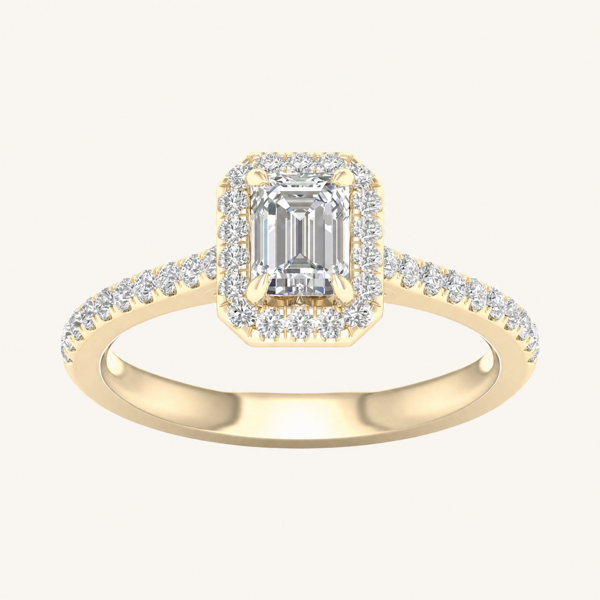 1CT Emerald Cut Lab Grown Diamond Halo Side Stone Ring