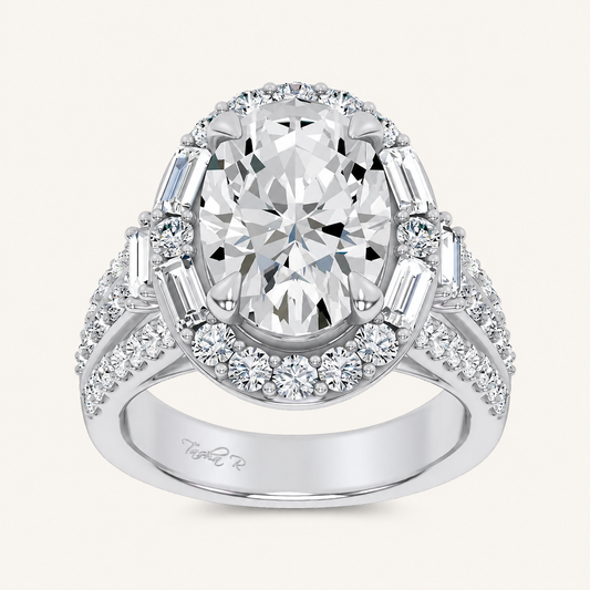 6.55CT Oval Cut Certified Lab Grown Diamond Halo Side Stone Ring