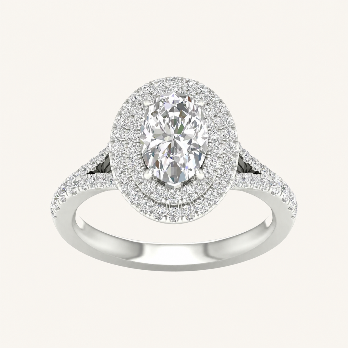2CT Oval Cut Lab Grown Diamond Double Halo Side Stone Ring