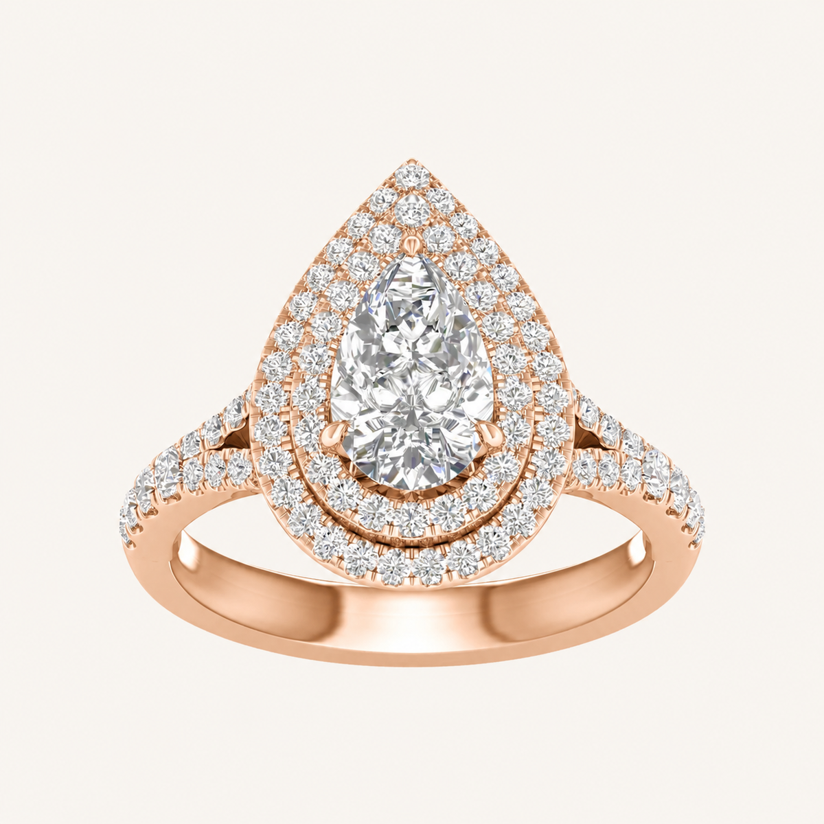 2CT Pear Cut Lab Grown Diamond Double Halo Side Stone Ring