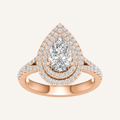 2CT Pear Cut Lab Grown Diamond Double Halo Side Stone Ring
