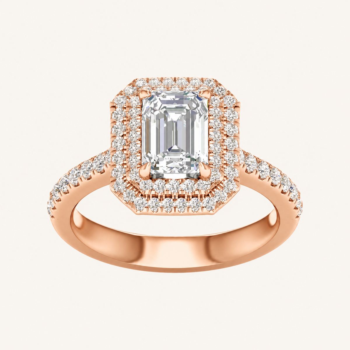 2CT Emerald Cut Lab Grown Diamond Double Halo Side Stone Ring
