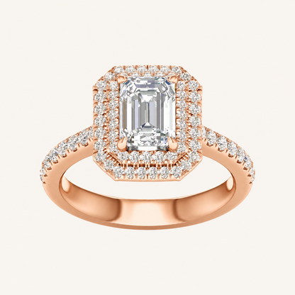 2CT Emerald Cut Lab Grown Diamond Double Halo Side Stone Ring