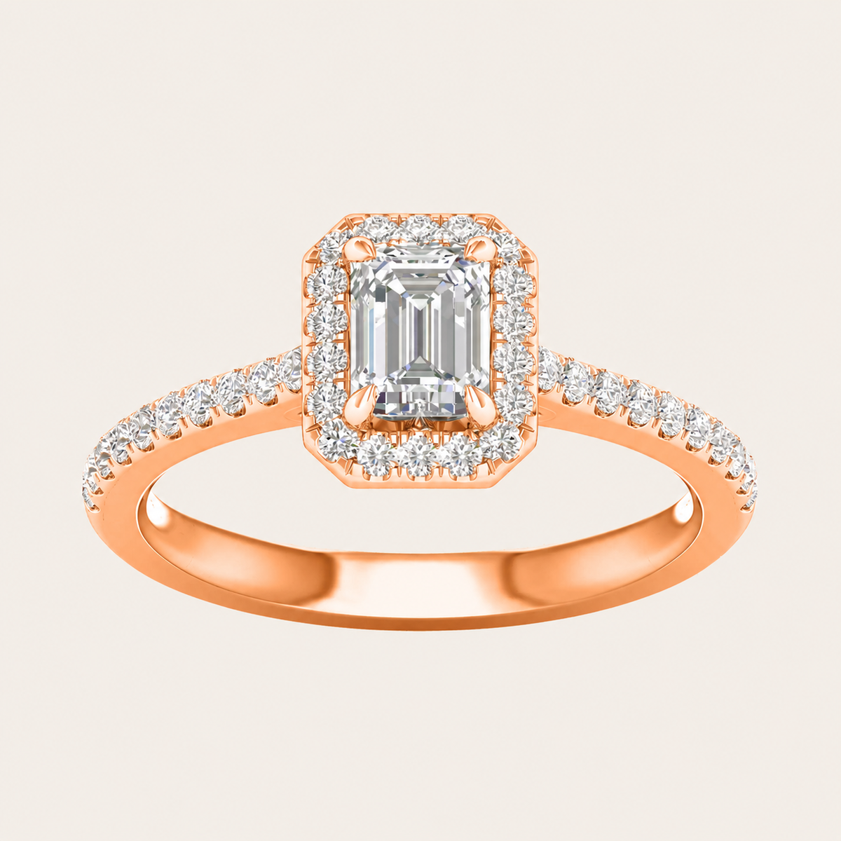 1CT Emerald Cut Lab Grown Diamond Halo Side Stone Ring
