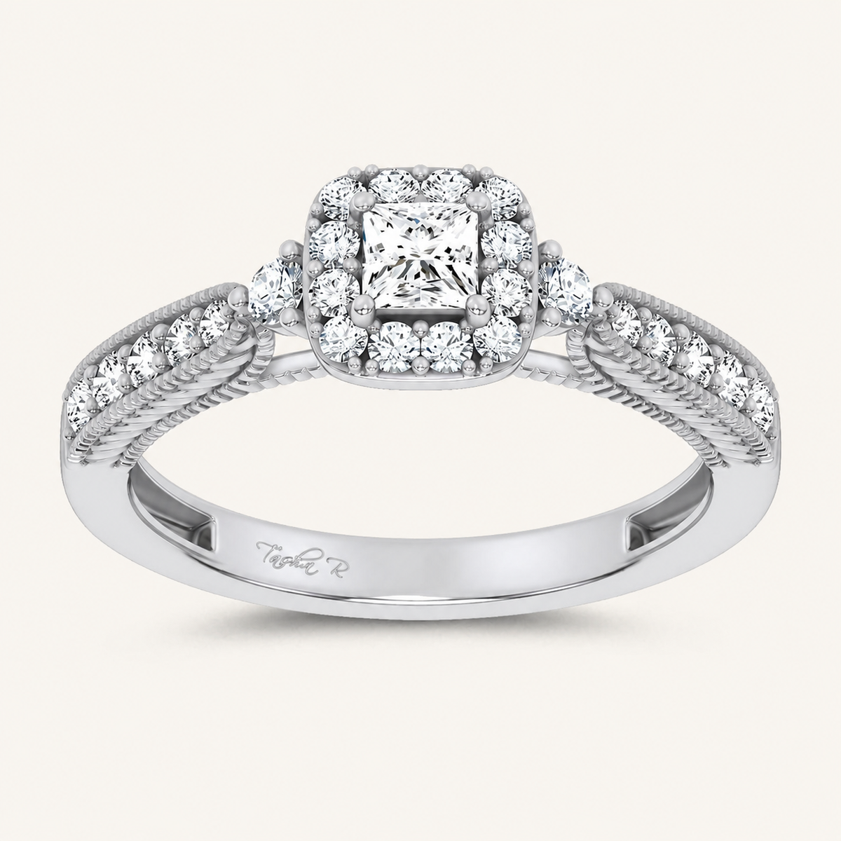 0.55CT Princess Cut Certified Lab Grown Diamond Promise Halo Side Stone Ring
