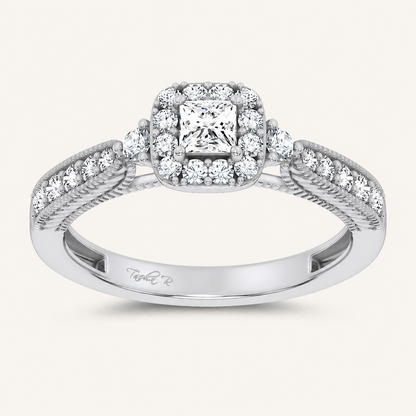 0.55CT Princess Cut Certified Lab Grown Diamond Promise Halo Side Stone Ring