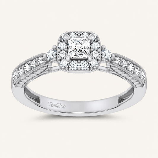 0.55CT Princess Cut Certified Lab Grown Diamond Promise Halo Side Stone Ring