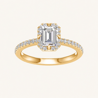 1.25CT Emerald Cut Lab Grown Diamond Halo Side Stone Ring