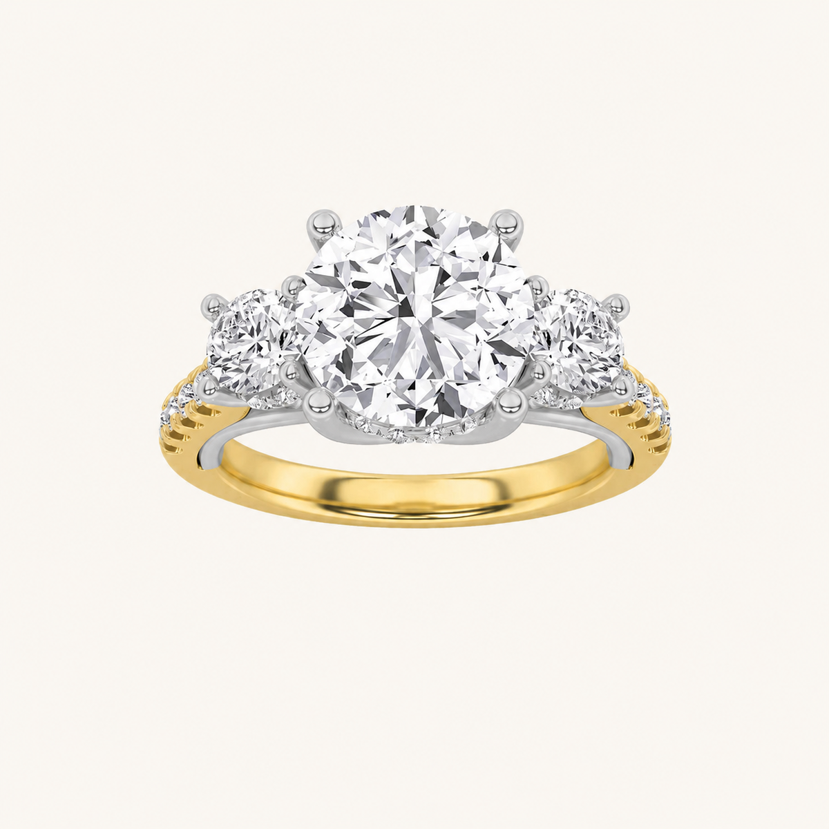 3CT Round Cut Lab Grown Diamond Accented Three Stone Hidden Halo Ring