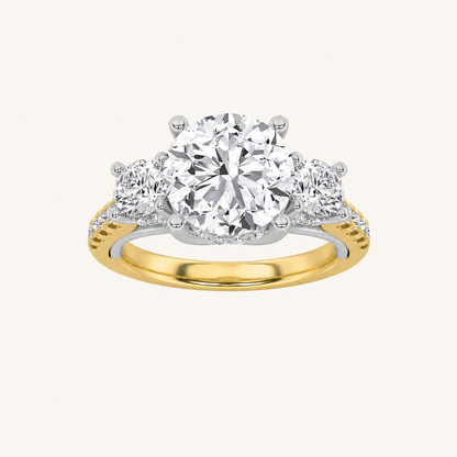 3CT Round Cut Lab Grown Diamond Accented Three Stone Hidden Halo Ring