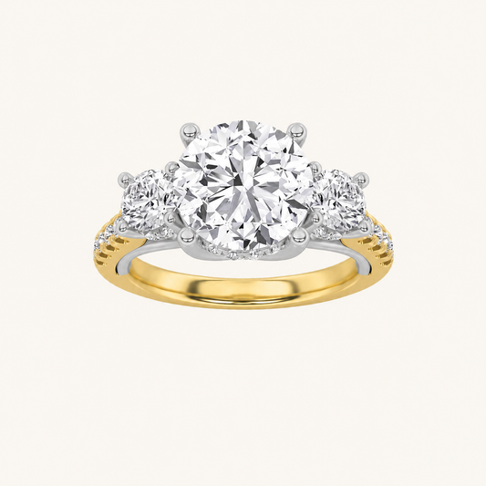 3CT Round Cut Lab Grown Diamond Accented Three Stone Hidden Halo Ring