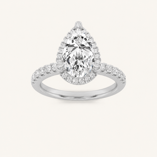 2CT Pear Cut Lab Grown Diamond Halo Side Stone Ring