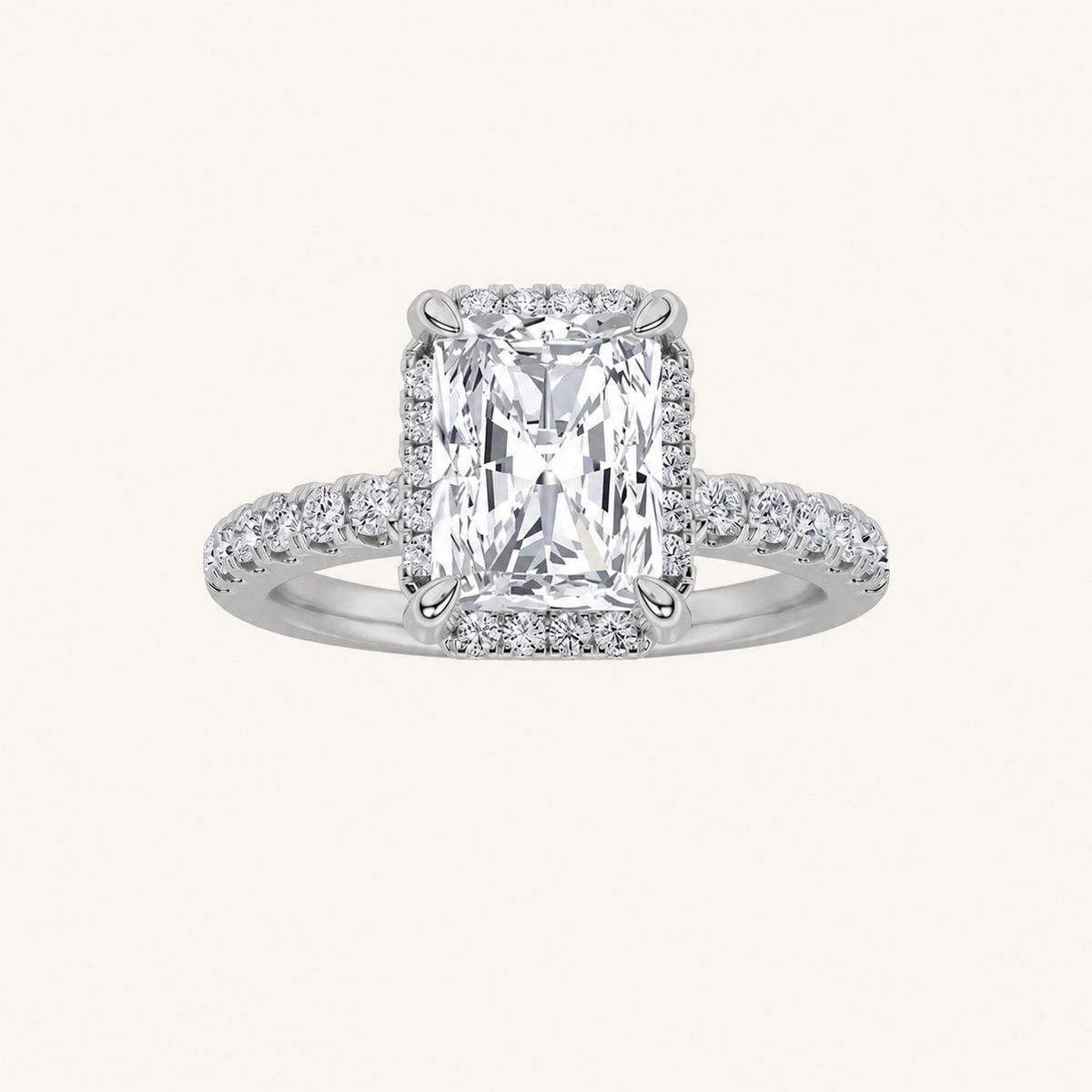 2CT Radiant Cut Lab Grown Diamond Halo Side Stone Ring