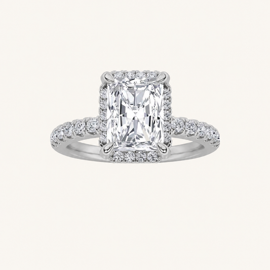 2CT Radiant Cut Lab Grown Diamond Halo Side Stone Ring