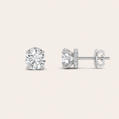 2CT Round Cut Lab Grown Diamond Hidden Halo Stud Earrings