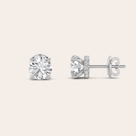 5CT Round Cut Lab Grown Diamond Hidden Halo Stud Earrings