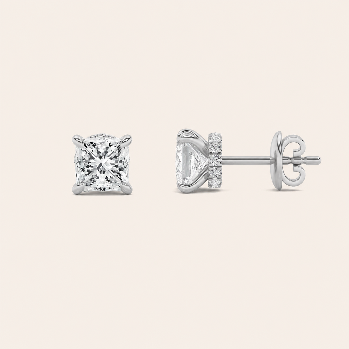 5CT Princess Cut Lab Grown Diamond Hidden Halo Stud Earrings