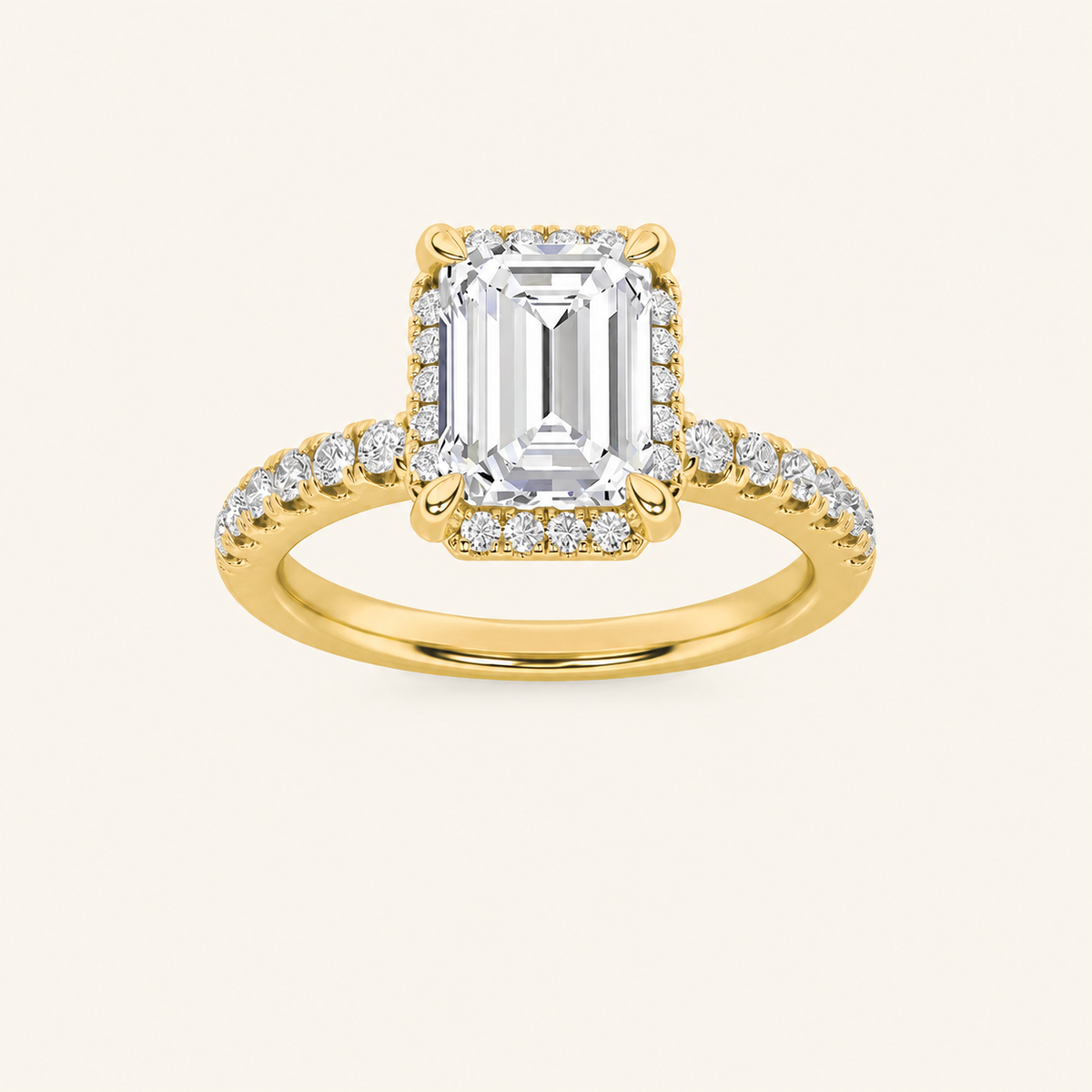 2CT Emerald Cut Lab Grown Diamond Halo Side Stone Ring