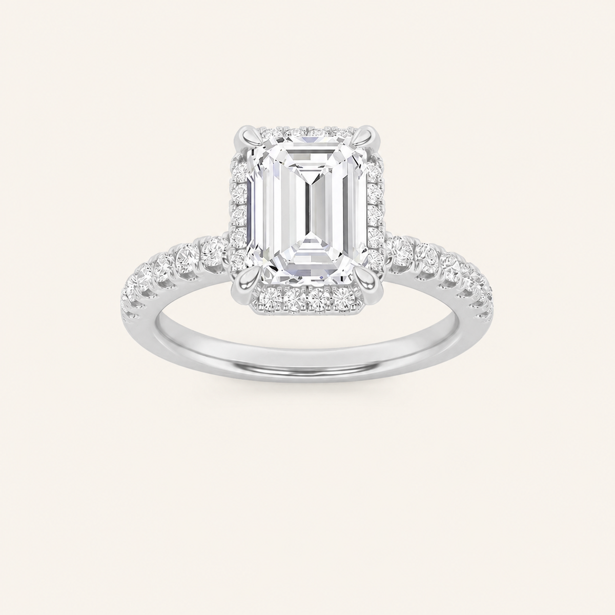 2CT Emerald Cut Lab Grown Diamond Halo Side Stone Ring