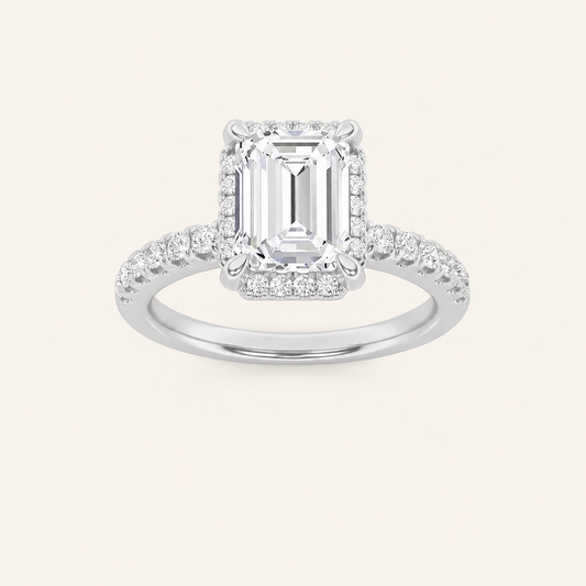 2CT Emerald Cut Lab Grown Diamond Halo Side Stone Ring