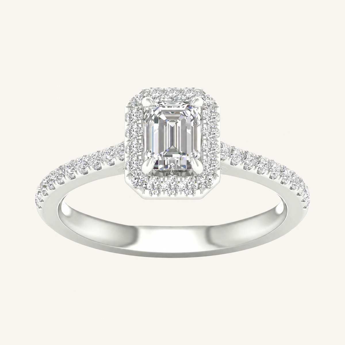1CT Emerald Cut Lab Grown Diamond Halo Side Stone Ring