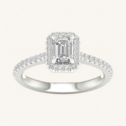 1CT Emerald Cut Lab Grown Diamond Halo Side Stone Ring