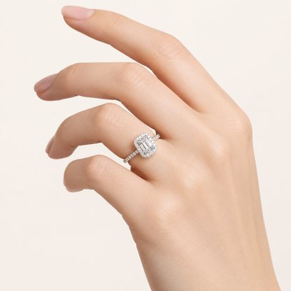 1CT Emerald Cut Lab Grown Diamond Halo Side Stone Ring