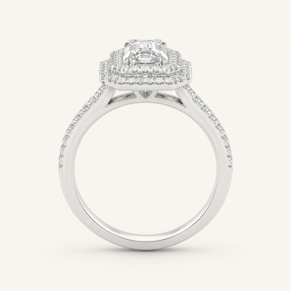 2CT Emerald Cut Lab Grown Diamond Double Halo Side Stone Ring